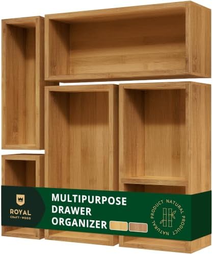 ROYAL CRAFT WOOD Premium Carbonized Bamboo Decorative Boxes - Drawer Organizer Set (5-Piece) – Wood Storage Boxes for Kitchen, Bathroom, Office & Makeup