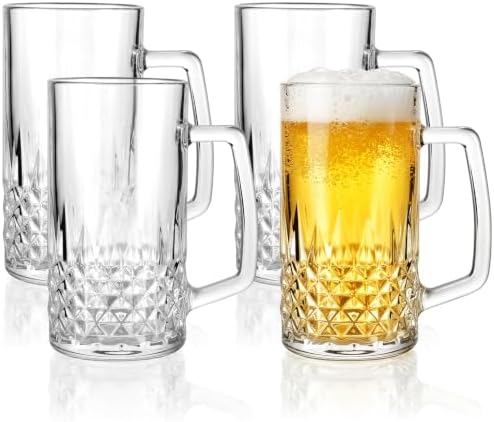 Beer Mugs For Freezer, 20 oz Large Heavy Glass Mugs with Handles Set of 4, Perfect Frozen Beer Mugs for Home Bar Accessories, Gifts for Men