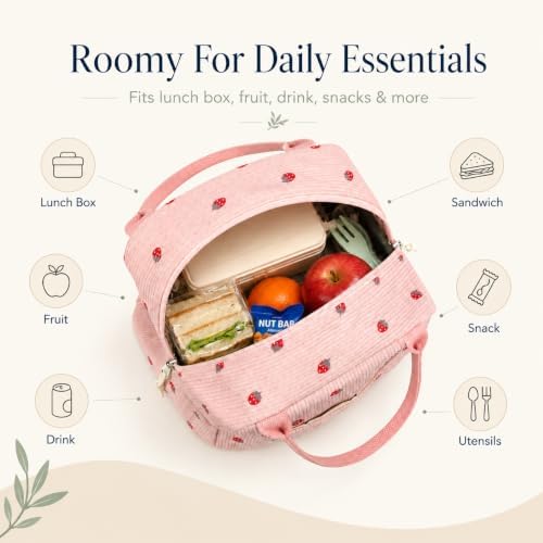 Bluboon Lunch Box for Women Cute Lunch Bag Reusable Insulated Lunch Bags Large Capacity Lunchbox Cooler for Work Picnic or Travel Gifts (Cute Pink Strawberry Black Dots, 10 x 7.5 x 8 inches)