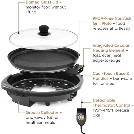 Elite Gourmet EMG-980BX Indoor Electric Round Grill, Non-Stick, 14" Black