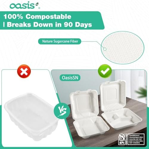 8x8 Inch 68 Pack Compostable Clamshell Take Out Food Containers, Disposable Paper To Go Boxes with Lids, Heavy Duty Sugarcane Bagasse Containers for Meals & Takeout, White