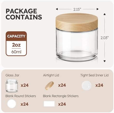 24 Pack 2 oz Small Glass Jars with Plastic Woodgrain Lids & Inner Liners