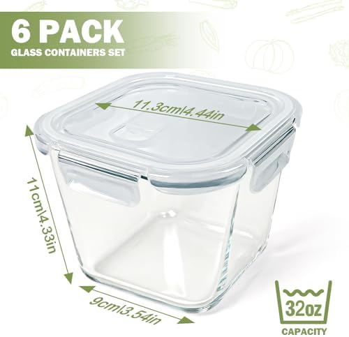 Borosilicate Glass Soup Containers with Lids, 4 Cup/32 oz, 6 Pack
