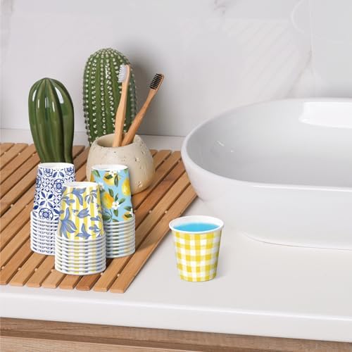 RUSPEPA 3 oz Bathroom Cups, Summer Disposable Paper Cups - 100 Pack Set Yellow Blue Lemon Plaid Printed - Mini Mouthwash Rinse Paper Cups for Home Bathroom, Picnic, BBQ, Travel and Party