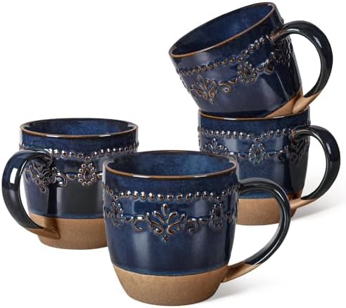 Artena Ceramic Coffee Mugs Set of 4, 16oz Embossed Large Latte Mugs Coffee Cups with Handle for Tea, Latte, Cappuccino & Cocoa, Milk Dishwasher & Microwave Safe, Blue (Damask Floral)