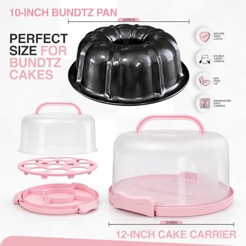 10in Buntz Cake Pan Non Stick & 12in Cake Carrier with Lid-Handle, Pink