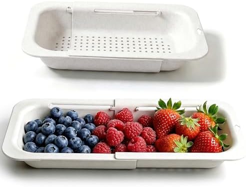 Over the Sink Colander Strainer Basket, Extendable Colander and Strainer for Kitchen, Wash Vegetables and Fruits, Drain Pasta and Dry Dishes, Adjustable Colander from 13.5In to 18.7In, White