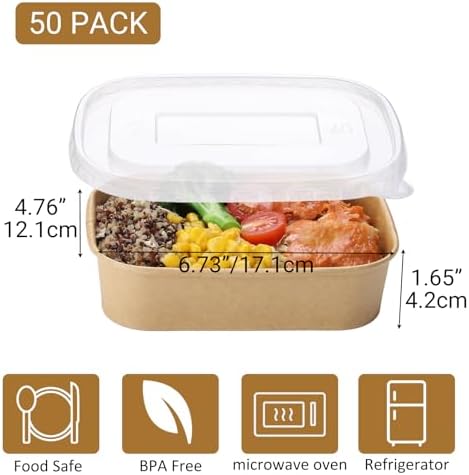 50 Sets 17oz Disposable Kraft Paper Bowls with Lids, Rectangle