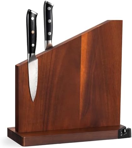 Gourmetop Magnetic Knife Block with Sharpener, Double Sided, Dark Acacia