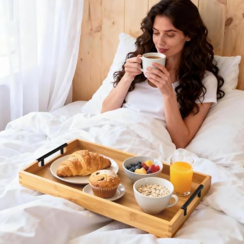 Krismax Wooden Serving Tray with Handles, Serving Platter 15.7x11.4 Inch Food Drinks Tray for Coffee Table,Decorative Storage Tray for Entertaining, Breakfast Tray in Bed,Lunch,Dinner,BBQ(Bamboo)