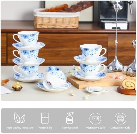 6oz Porcelain Tea Cup and Saucer Set of 6, Classic Blue Floral
