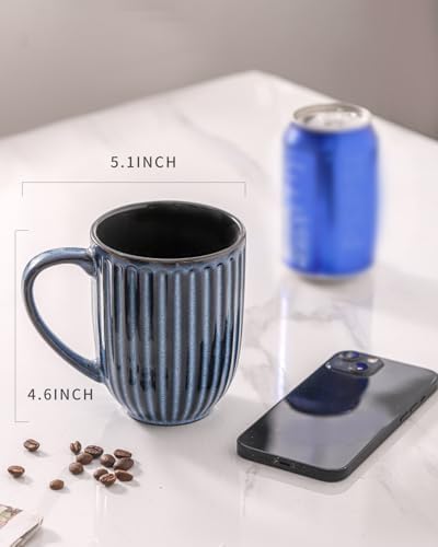 HASENSE 16 oz Ceramic Coffee Mugs Set of 4, Ribbed Navy Blue Coffee & Tea Cups, Dishwasher & Microwave Safe, Ideal for Housewarming & Wedding Gifts