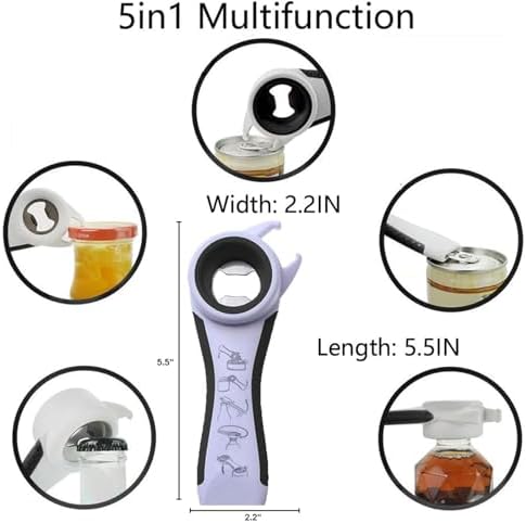 5 in 1 Lids off Jar Opener, Bottle Opener, Ideal For Women, Kids, Seniors - for Multipurpose Kitchen Tool, Easy open. White
