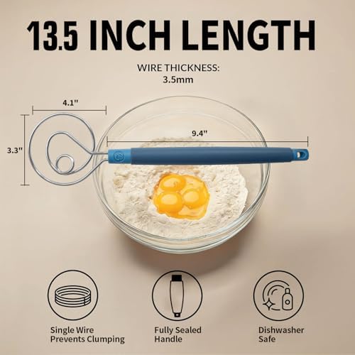 Danish Dough Whisk Heavy Duty 13.5" - Dishwasher-Safe Baking Tool (Blue)