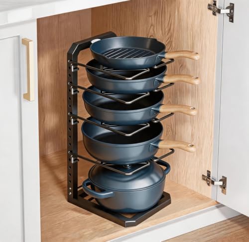 Pots and Pans Organizer under Cabinet, 5 Adjustable Tiers Heavy-Duty Pan Pot Organizer with 16.5" Height, Holds 55 LB - Cast Iron Skillets, Griddles, Shallow Cookware