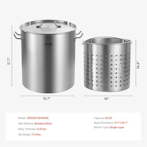 VEVOR Stainless Steel Stockpot, 64 Quart Large Cooking Pots, Cookware Sauce Pot with Basket, Lid, and Handle, Heavy Duty Commercial Grade Stock Pot, Sanding Treatment, for Large Groups Events Silver