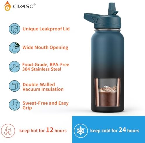 CIVAGO 24 oz Insulated Stainless Steel Water Bottle With Straw and 3 Lids