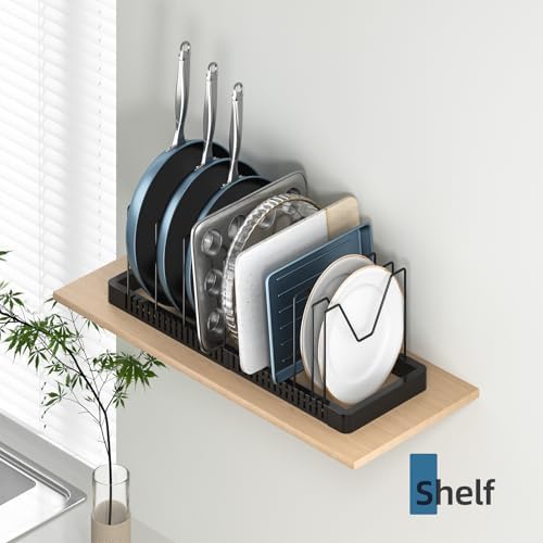 PanPanPal Pots and Pans Organizer under Cabinet, Expandable Pot Lid Organizer Holder with 10 Adjustable Compartment, Pan Organizers inside Cabinet for Lids, Bakeware, Kitchen Storage Pot Rack, Black