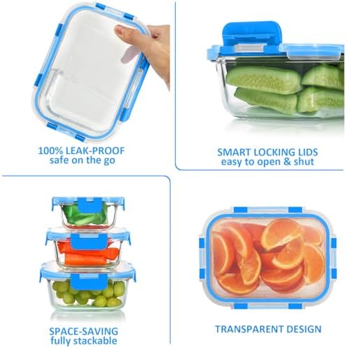 KOMUEE 24 Pieces Glass Food Storage Containers Set, Blue