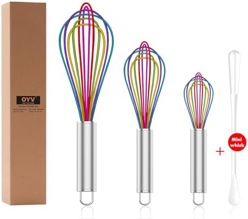 OYV Rainbow Silicone Whisk Set of 3, 8/10/12 Inch, Non-Scratch, Colorful
