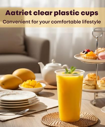 Aatriet 100 Pack 32 oz Clear Plastic Cups, 32oz Disposable Iced Cold Coffee Cups, Sturdy Recylable Drinking Cup for Milkshake, Smoothie, Cocktail, Cold Drinks, Large Tumblers Wine Glasses for Wedding