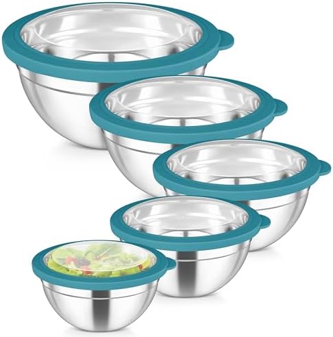 TeamFar Mixing Bowls Set, Stainless Steel Salad Bowl with Lids, Dark Blue
