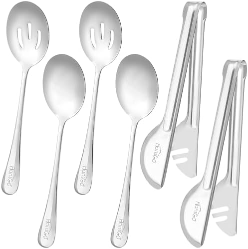 HANSGO 6PCS Stainless Steel Serving Utensils Set, Large Serving Spoons, Slotted Spoons, Metal Tongs for Appetizer, Salad, Reusable Utensils Set for Buffet Catering Banquet Wedding Party Outdoor Events