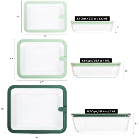 Glad Glass Food Storage Containers, Set of 3 - Airtight Vacuum Sealed Steam Vent Lids - Rectangular Borosilicate Glass Dishes with Ombre Green Lids - Assorted Sizes for Meal Prep & Leftovers, Sage