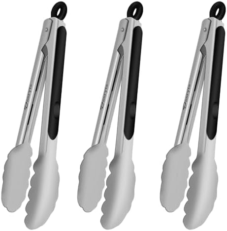 Small Cooking Tong Set of 3 - Mini 7 Inch Stainless Steel Locking Tongs, Heat Resistant to 600°F, Food Grade Kitchen Metal Tong for Food, Salad, Pasta, Steaks, Vegetables - Dishwasher Safe