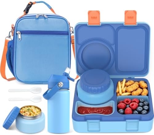 Kids Bento Lunch Box with Food Jar, Water Bottle, Lunch Bag, Blue