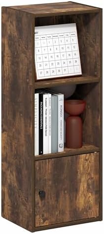 Furinno LUDER Book Shelf, 3-Tier Bookshelf with Open Shelf, Standing Bookcase with 1 Door Cabinet, 9.3 x 12 x 31.5, for Organization and Storage, for Living Room, Bedroom, Home Office, Amber Pine