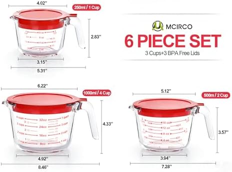 M MCIRCO 6 Pcs Glass Measuring Cups with Lids Set, 1-Cup, 2-Cup, 4-Cup Measuring Jugs with Handle, Nesting Liquid Measuring Cups for Kitchen (Pack of 2)