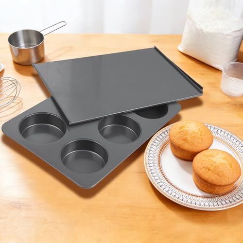 6 Cup Muffin Pan with Lid, Carbon Steel Non Stick Cupcake Pans for Baking, 9 x 13 Inch Even Crical Deep Baking Pan for Cup Cake, English Muffin, Whoopie Pie, Hamburger Buns