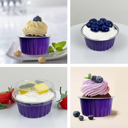 100Pcs Aluminum Cups with Lids,5oz Disposable Ramekin Baking Cups Muffin Liners Mini Pie Pans Foil Cupcake Containers for Christmas Party Wedding Party,Dark Purple