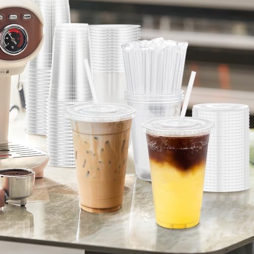 20 oz 300 Pack Clear Disposable Plastic Cups with Lids and Straws