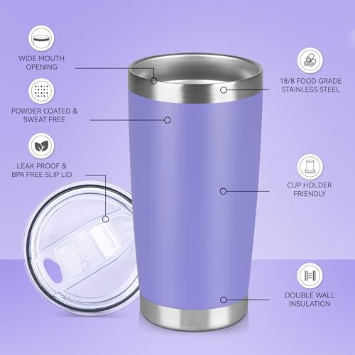 20 oz Tumbler Stainless Steel Tumblers Bulk with Lid Double Wall Insulated Coffee Tumbler Cups for Hot & Cold Drinks Powder Coated Travel Coffee Tumbler Mug Metal (Lavender, 6 pack)