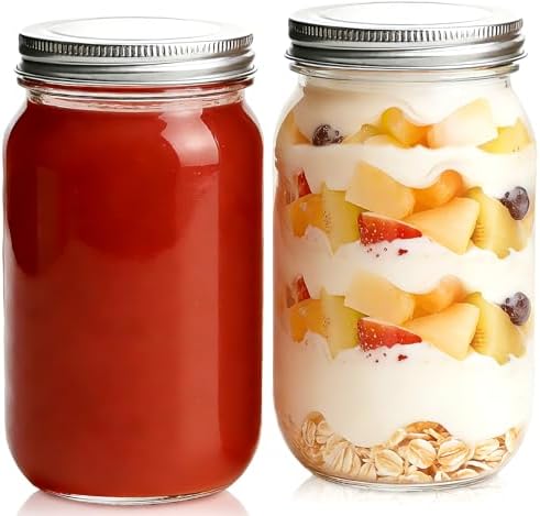 Showvigor 32oz Regular Mouth Mason Jars 2-Pack with Airtight Lids, Glass Canning Jars for Meal Prep, Overnight Oats, Jam & Food Storage, BPA-Free Clear Glass Jars for Canning, Fermenting & DIY Crafts