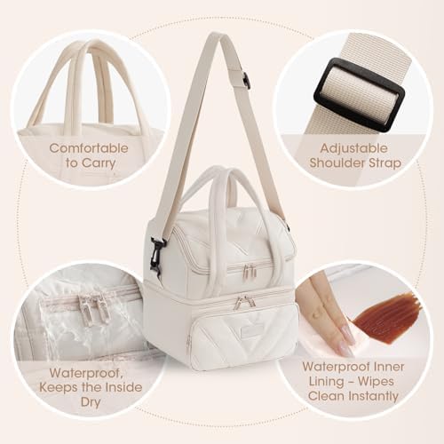 Double Decker Lunch Bag Women Men With Cup Holder, Beige