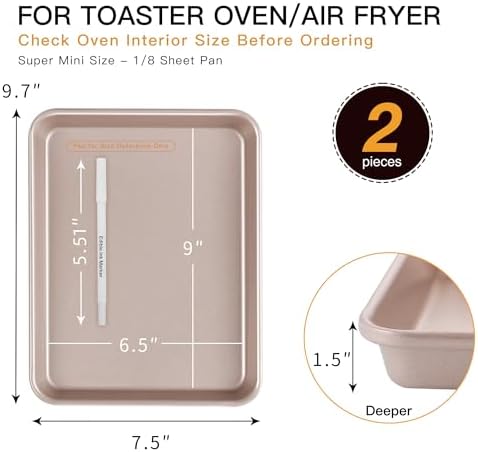 HONGBAKE Toaster Oven Pan Nonstick Set of 2, Premium 1/8 Sheet Pan for Baking, Small Cookie Sheet Tray, Dishwasher Safe and Heavy Duty - Rose Gold