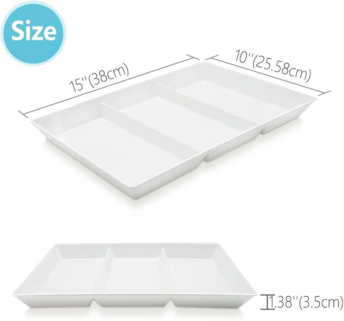 Divided Serving Tray Platter, 2 Pack 15" x 10" Fruit Veggie Food Tray for Party, Plastic Serving Trays for Appetizer, Snack, Dessert, Cookie, Brunch Decorations Platters, White Trays BPA-Free