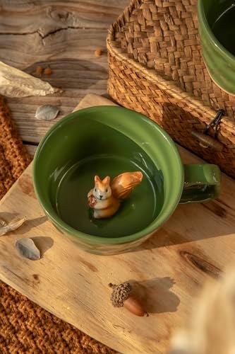 DIHOclub Farmhouse Ceramic Coffee Mug with Squirrel Figurine – Rustic Stoneware Cup, Matte Finish, Ideal for Breakfast & Home Decor (Green Squirrel)