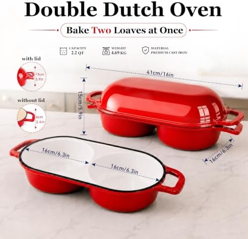 Double Dutch Oven for Sourdough Bread Baking,2.2QT Enameled Cast Iron Dutch Oven Pot with Lid,500°F Oven Safe Non Stick Bread Loaf Pan,Sourdough Baking Pan for Homemade Baking（red）