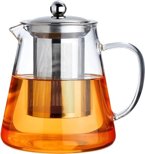 PARACITY Glass Teapot Stovetop 44 OZ, Borosilicate Clear Tea Kettle with Removable 18/8 Stainless Steel Infuser, Teapot Blooming and Loose Leaf Tea Maker Tea Brewer for Camping, Travel (1300ml)