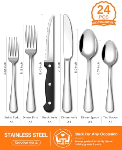 EUIRIO 24 Piece Silverware Set with Steak Knives Food Grade Stainless Steel Flatware Set for 4 Cutlery Utensil Set Includes Knife Mirror Polished Dishwasher Safe for Home Restaurant