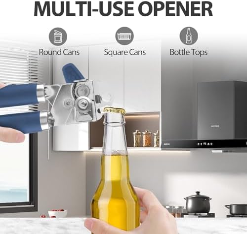 Safring Can Opener Manual, Heavy Duty Handheld Strong Can Opener with Soft Touch Handle, Sharp Blade Smooth Edge, Can Openers with Multifunctional Bottle Opener, Blue
