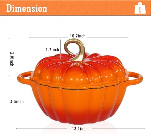 Pumpkin Enameled Cast Iron Dutch Oven with Lid, 4.5 QT Heavy Duty and Dual Handles Pot, Serves 3-5 and Oven Safe for Bread Baking, Braising, Cooking Soup and Family Gifts, Orange