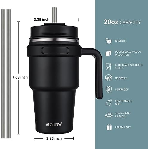 20 oz Insulated Travel Coffee Mug Tumbler with Handle and Straw
