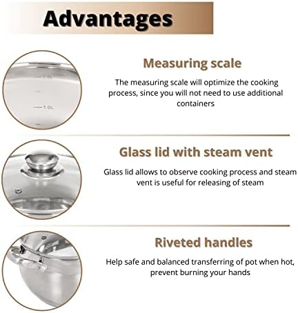 Daniks Classic 2 Quart Stainless Steel Stock Pot with Glass Lid, Tri-Ply Bottom for Even Heating, Induction Compatible, Dishwasher Safe