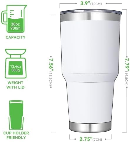 DOMICARE 30oz Tumbler Bulk with Lid and Straw, Double Wall Travel Coffee Mug, Insulated Vacuum Stainless Steel Tumblers, Powder Coated Tumbler Cup (White, 8)