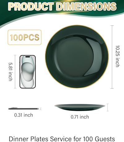 Nervure 100PCS Green and Gold Plastic Plates 10.25″ Disposable Dinner Plate